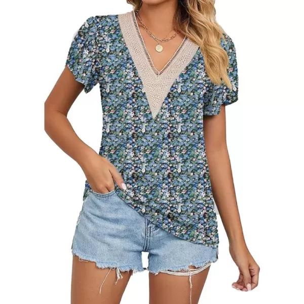 Womens Casual Petal Sleeve Lace Trim V Neck Tops 2023 Summer Loose Tee Shirts BlouseFloral Blue