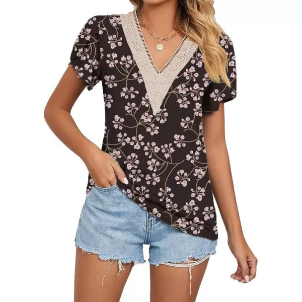 Womens Casual Petal Sleeve Lace Trim V Neck Tops 2023 Summer Loose Tee Shirts BlouseFloral Cherry