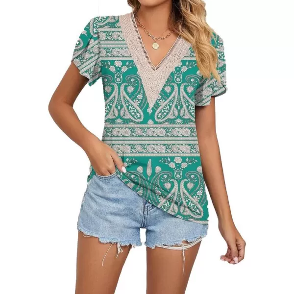Womens Casual Petal Sleeve Lace Trim V Neck Tops 2023 Summer Loose Tee Shirts BlouseFloral Green