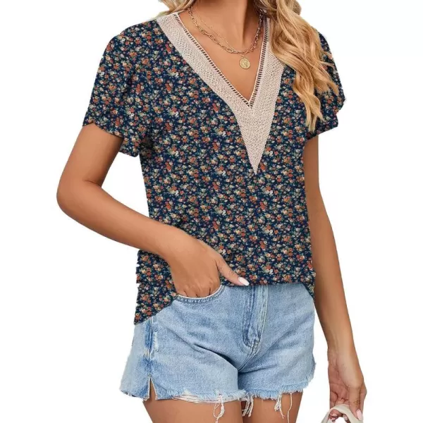 Womens Casual Petal Sleeve Lace Trim V Neck Tops 2023 Summer Loose Tee Shirts BlouseFloral Purple