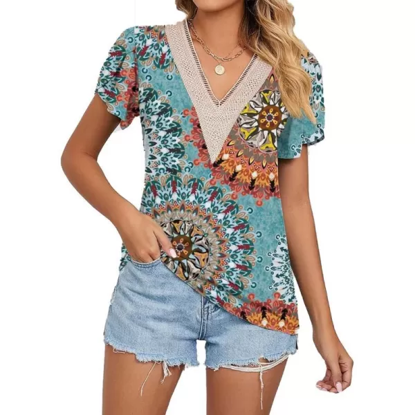 Womens Casual Petal Sleeve Lace Trim V Neck Tops 2023 Summer Loose Tee Shirts BlouseMulticolored
