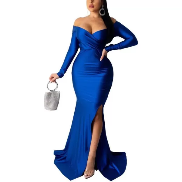 Womens Off Shoulder High Split Long Formal Party Maxi Dress Evening GownBlue