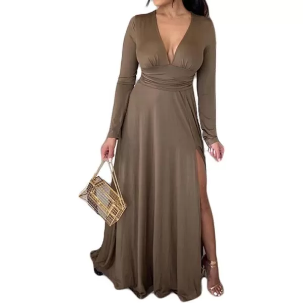 Womens Off Shoulder High Split Long Formal Party Maxi Dress Evening GownBrown3