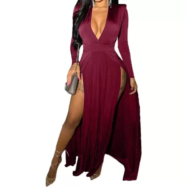 Womens Off Shoulder High Split Long Formal Party Maxi Dress Evening GownWine Red2