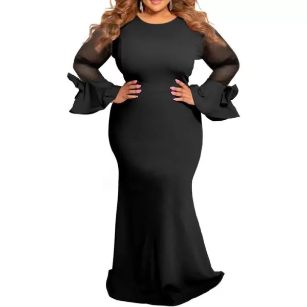 Womens Plus Size Bodycon Dress  Elegant Trumpet Long Sleeve Mesh Solid Sexy Evening Party Maxi Long DressBlack