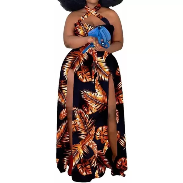 Womens Sexy Plus Size Halter Neck Floral Print Split Beach Party Maxi Dress084 Orange