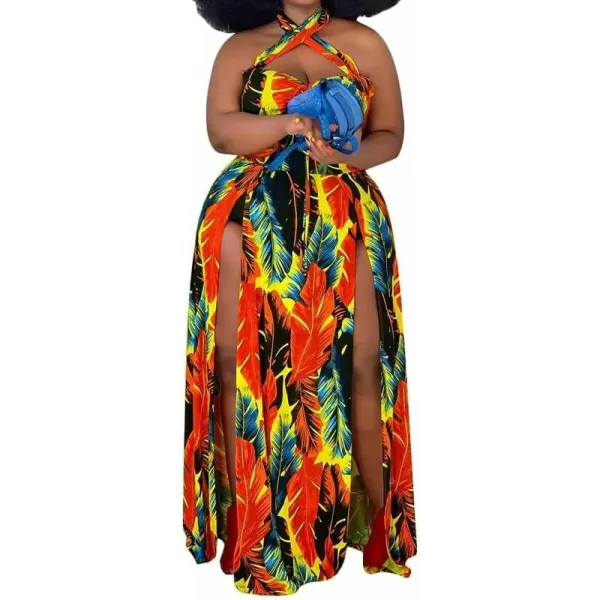 Womens Sexy Plus Size Halter Neck Floral Print Split Beach Party Maxi DressOrange Red