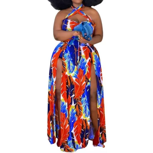 Womens Sexy Plus Size Halter Neck Floral Print Split Beach Party Maxi DressRed