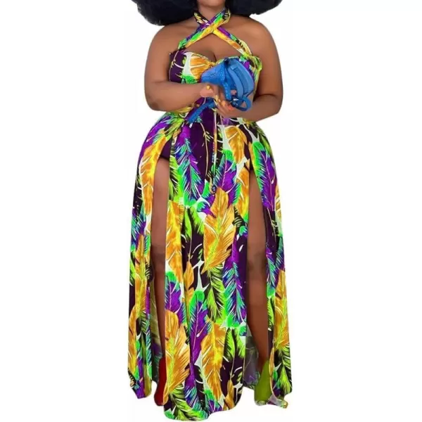 Womens Sexy Plus Size Halter Neck Floral Print Split Beach Party Maxi DressYellow