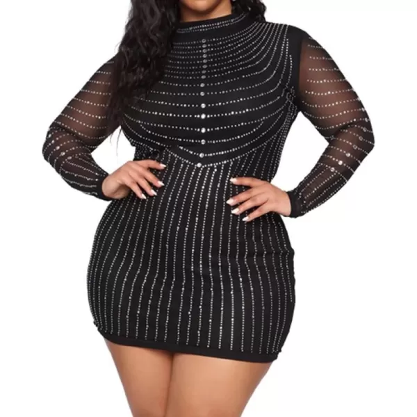 Womens Sexy Plus Size Long Sleeve Rhinestone Mesh See Through Bodycon Party Club Mini Dress Clubwear419 Black