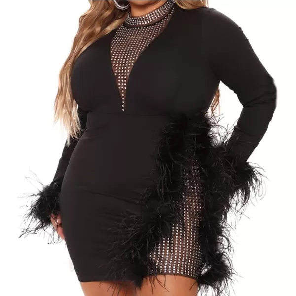 Womens Sexy Plus Size Long Sleeve Rhinestone Mesh See Through Bodycon Party Club Mini Dress Clubwear856 Black
