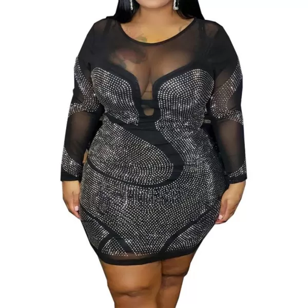 Womens Sexy Plus Size Long Sleeve Rhinestone Mesh See Through Bodycon Party Club Mini Dress ClubwearBlack