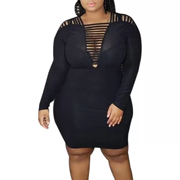 Womens Sexy Plus Size Long Sleeve Rhinestone Mesh See Through Bodycon Party Club Mini Dress ClubwearBlack3