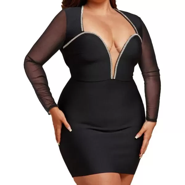 Womens Sexy Plus Size Long Sleeve Rhinestone Mesh See Through Bodycon Party Club Mini Dress ClubwearBlack4