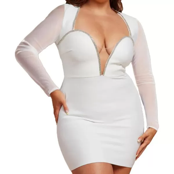Womens Sexy Plus Size Long Sleeve Rhinestone Mesh See Through Bodycon Party Club Mini Dress ClubwearMesh White