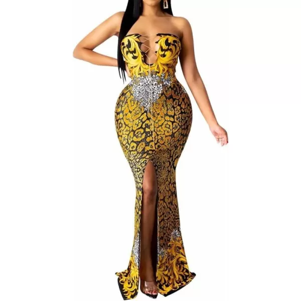 Womens Spaghetti Strap Leaf Printed Maxi Dress Bandage Bodycon Beach Holiday Long Dress166 Dark Yellow