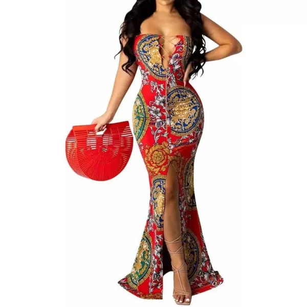 Womens Spaghetti Strap Leaf Printed Maxi Dress Bandage Bodycon Beach Holiday Long Dress166 Red