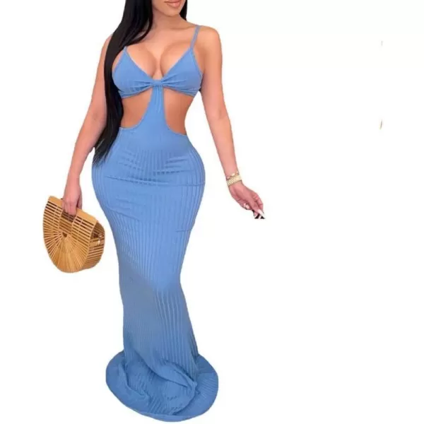 Womens Spaghetti Strap Leaf Printed Maxi Dress Bandage Bodycon Beach Holiday Long Dress315 Light Blue