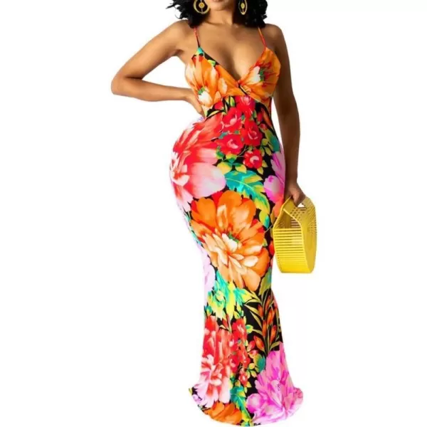Womens Spaghetti Strap Leaf Printed Maxi Dress Bandage Bodycon Beach Holiday Long Dress785 Orange