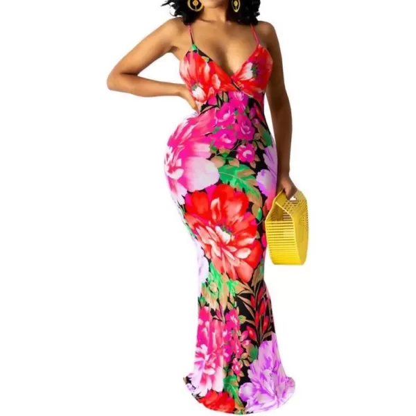 Womens Spaghetti Strap Leaf Printed Maxi Dress Bandage Bodycon Beach Holiday Long Dress785 Red