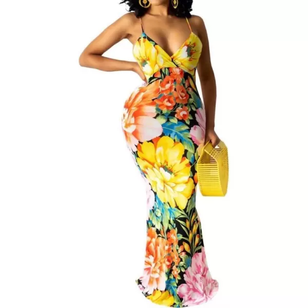 Womens Spaghetti Strap Leaf Printed Maxi Dress Bandage Bodycon Beach Holiday Long Dress785 Yellow