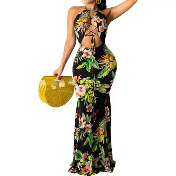 Womens Spaghetti Strap Leaf Printed Maxi Dress Bandage Bodycon Beach Holiday Long Dress791 Green