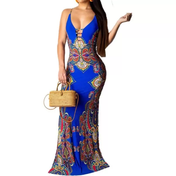 Womens Spaghetti Strap Leaf Printed Maxi Dress Bandage Bodycon Beach Holiday Long DressBlue