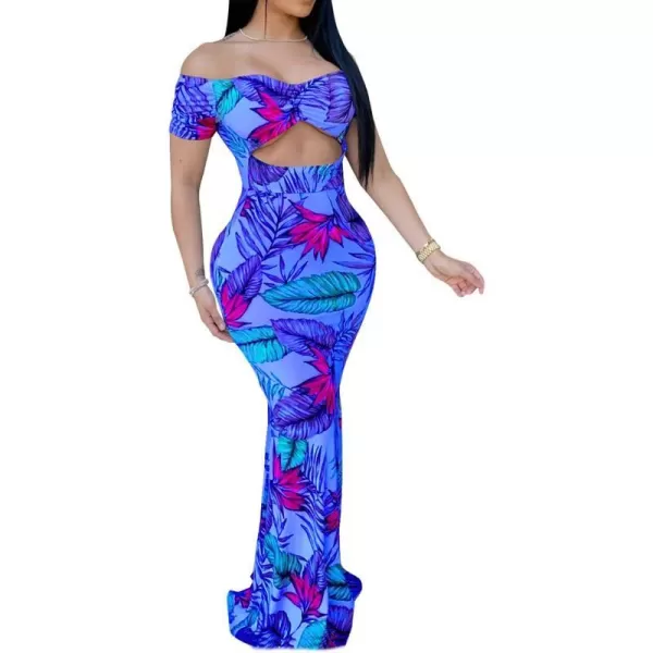 Womens Spaghetti Strap Leaf Printed Maxi Dress Bandage Bodycon Beach Holiday Long DressFloral Blue