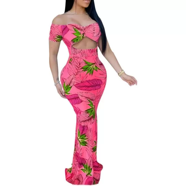 Womens Spaghetti Strap Leaf Printed Maxi Dress Bandage Bodycon Beach Holiday Long DressFloral Red