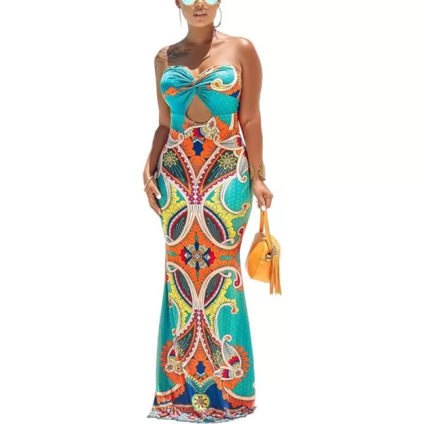 Womens Spaghetti Strap Leaf Printed Maxi Dress Bandage Bodycon Beach Holiday Long DressGreen