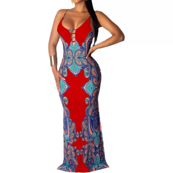 Womens Spaghetti Strap Leaf Printed Maxi Dress Bandage Bodycon Beach Holiday Long DressRed