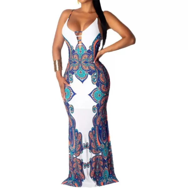 Womens Spaghetti Strap Leaf Printed Maxi Dress Bandage Bodycon Beach Holiday Long DressWhite