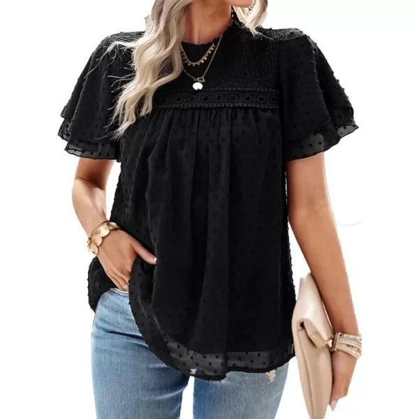 Womens Summer Dressy Blouses Crewneck Swiss Dot Short Sleeve Smocked Tunic Tops for Leggings Casual TShirtsBlack