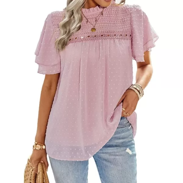 Womens Summer Dressy Blouses Crewneck Swiss Dot Short Sleeve Smocked Tunic Tops for Leggings Casual TShirtsPink
