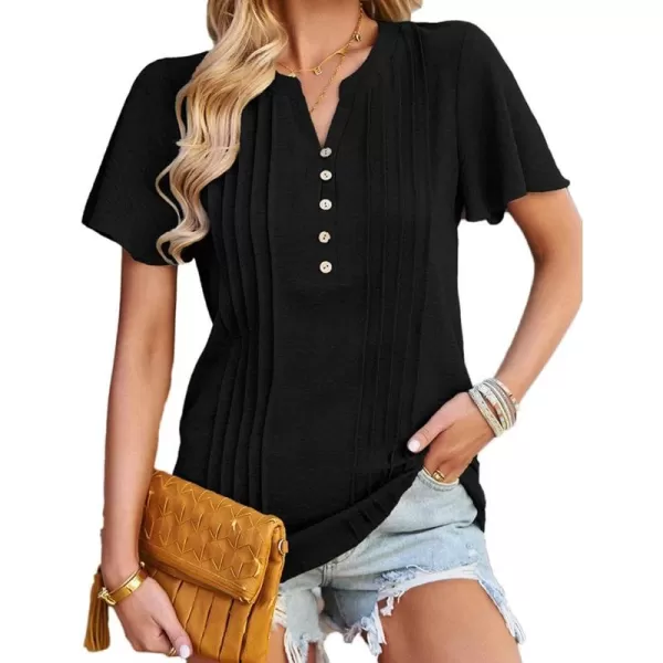 Womens Summer Tops Casual Button Down Henley V Neck Tee Shirts Short Sleeve Fashion Loose BlouseBlack