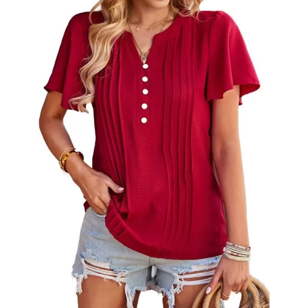 Womens Summer Tops Casual Button Down Henley V Neck Tee Shirts Short Sleeve Fashion Loose BlouseWine Red