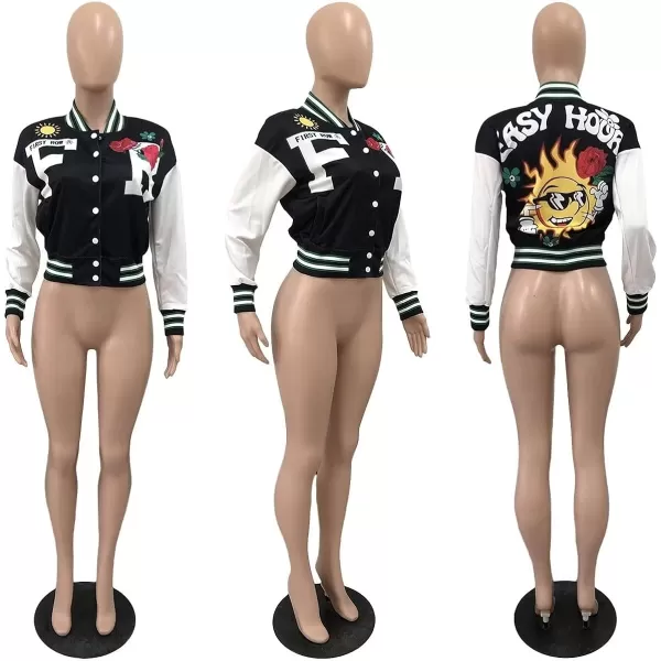 IyMoo Bomber Jackets for Women Long Sleeve Casual Button Down Cropped Baseball Jacket with Pockets Clubwear S2XLA1 Black
