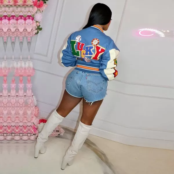 IyMoo Bomber Jackets for Women Long Sleeve Casual Button Down Cropped Baseball Jacket with Pockets Clubwear S2XLA1 Blue