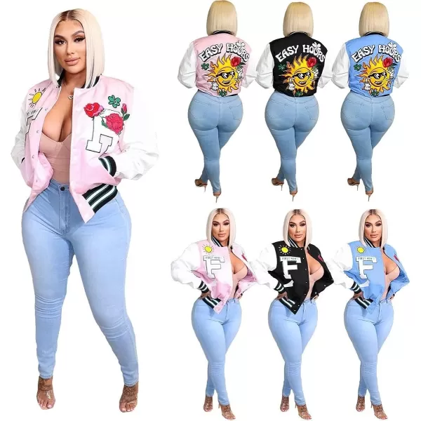 IyMoo Bomber Jackets for Women Long Sleeve Casual Button Down Cropped Baseball Jacket with Pockets Clubwear S2XLA1 Blue