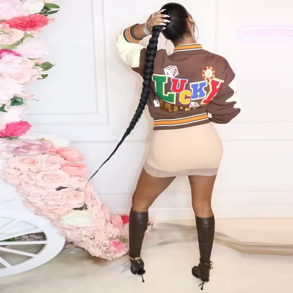 IyMoo Bomber Jackets for Women Long Sleeve Casual Button Down Cropped Baseball Jacket with Pockets Clubwear S2XLA1 Brown