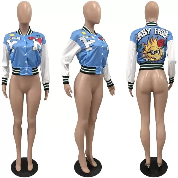 IyMoo Bomber Jackets for Women Long Sleeve Casual Button Down Cropped Baseball Jacket with Pockets Clubwear S2XLA1 Lightblue