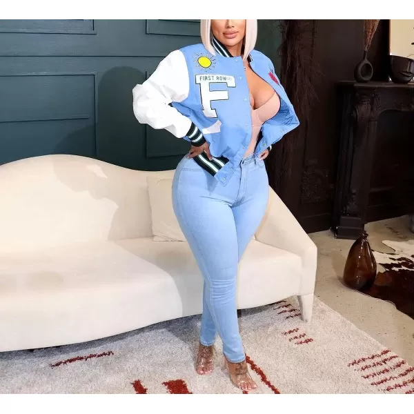IyMoo Bomber Jackets for Women Long Sleeve Casual Button Down Cropped Baseball Jacket with Pockets Clubwear S2XLA1 Lightblue