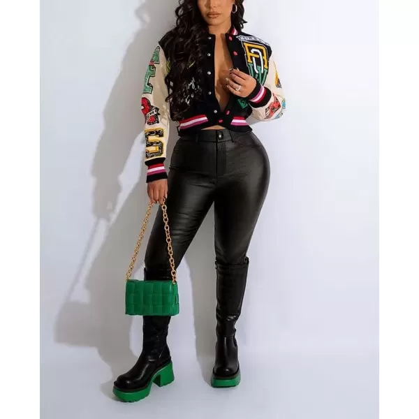 IyMoo Bomber Jackets for Women Long Sleeve Casual Button Down Cropped Baseball Jacket with Pockets Clubwear S2XLA3 Black
