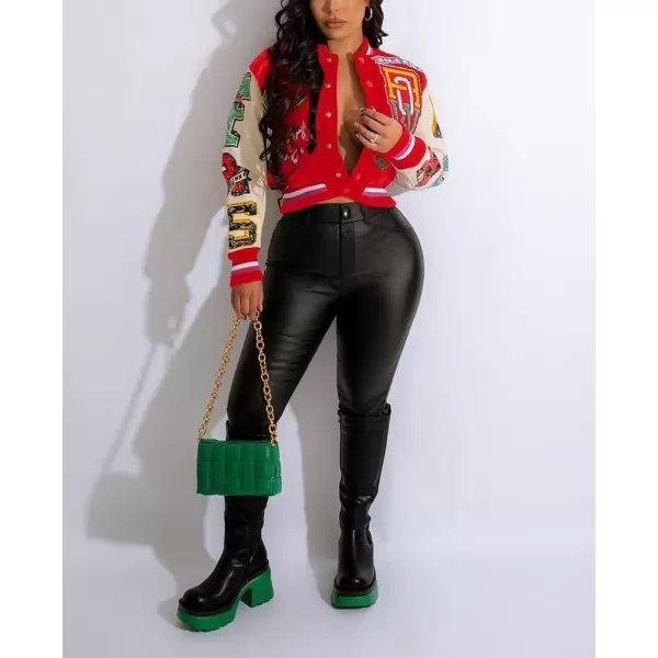 IyMoo Bomber Jackets for Women Long Sleeve Casual Button Down Cropped Baseball Jacket with Pockets Clubwear S2XLA3 Red
