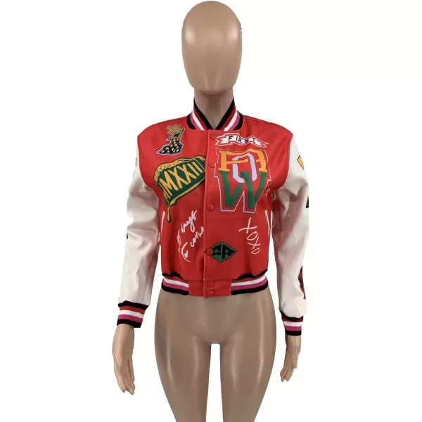 IyMoo Bomber Jackets for Women Long Sleeve Casual Button Down Cropped Baseball Jacket with Pockets Clubwear S2XLA3 Red