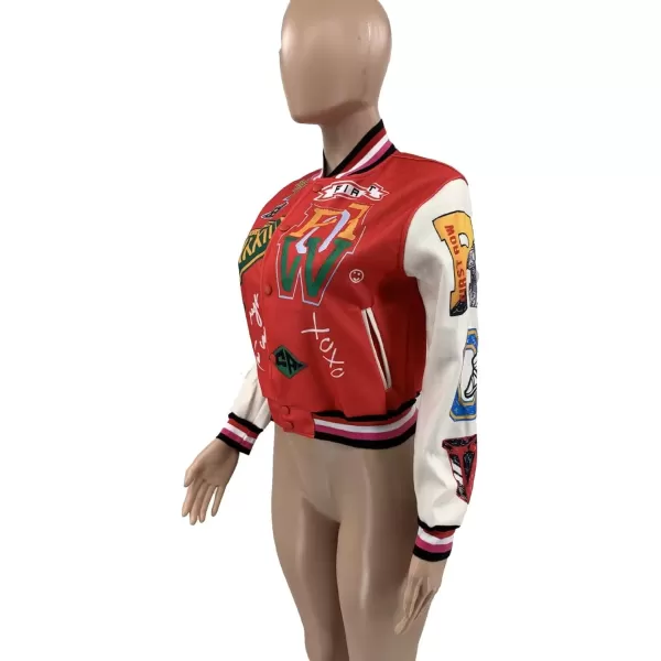 IyMoo Bomber Jackets for Women Long Sleeve Casual Button Down Cropped Baseball Jacket with Pockets Clubwear S2XLA3 Red
