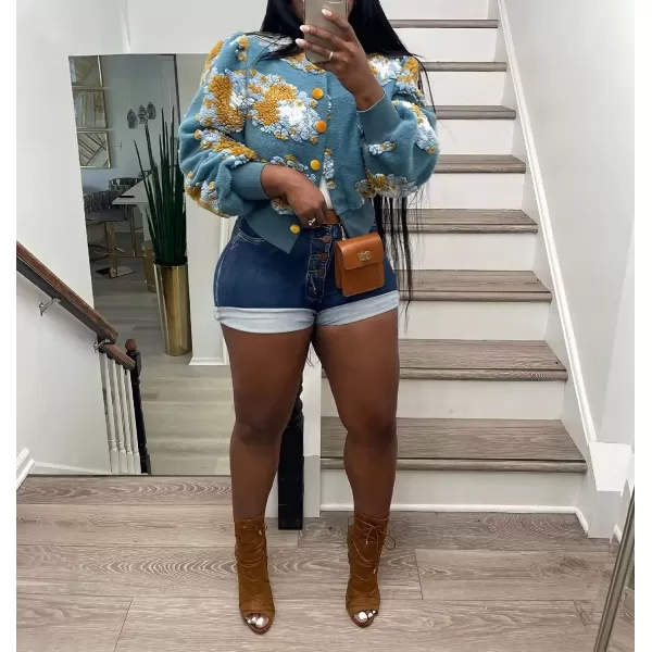 IyMoo Bomber Jackets for Women Long Sleeve Casual Fleece Button Down Cropped Baseball Jacket Clubwear S2XLA2 Blue