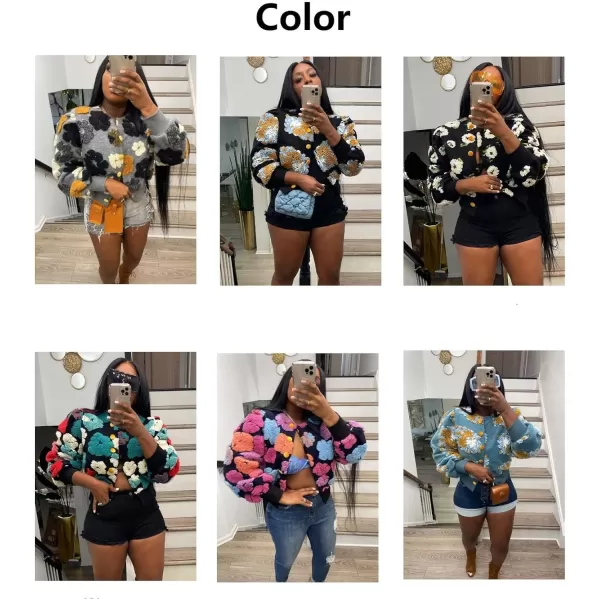 IyMoo Bomber Jackets for Women Long Sleeve Casual Fleece Button Down Cropped Baseball Jacket Clubwear S2XLA2 Chrysanthemum