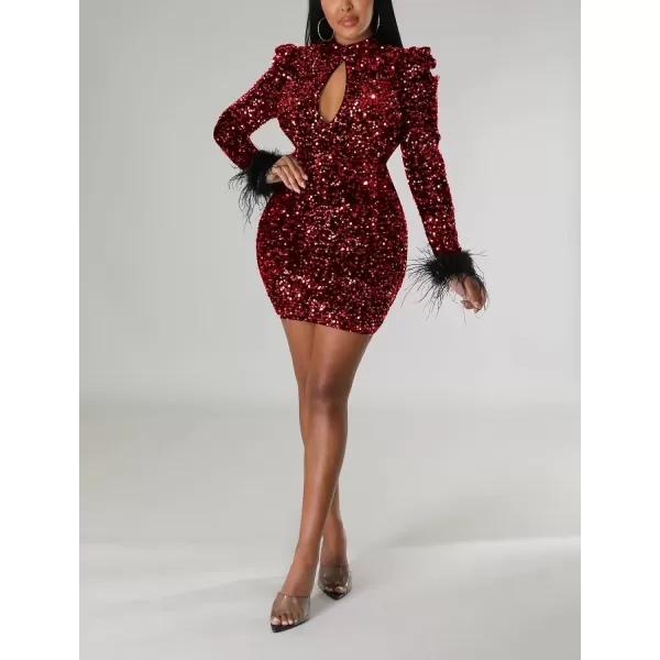 IyMoo Sexy Sequin Dress for Women Long Sleeve Feather Sparkly Sequined Short Dress Club Formal Dresses ClubwearA1 Winered