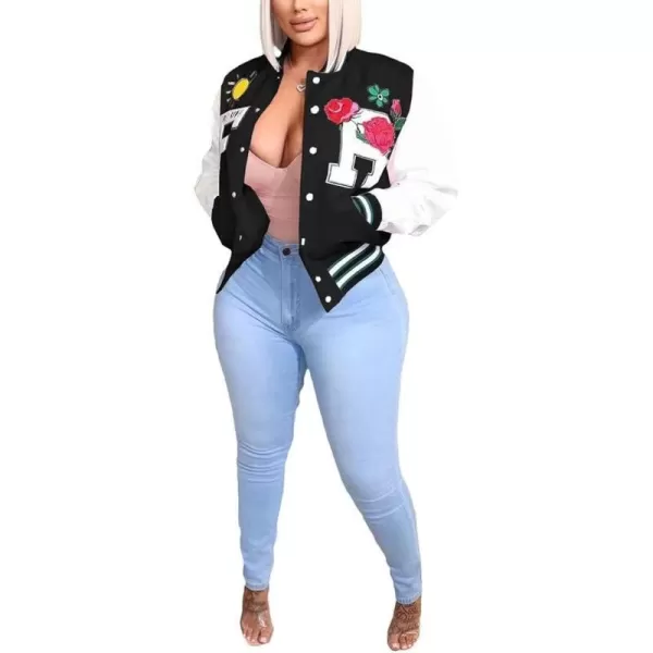 IyMoo Bomber Jackets for Women Long Sleeve Casual Button Down Cropped Baseball Jacket with Pockets Clubwear S2XLA1 Black